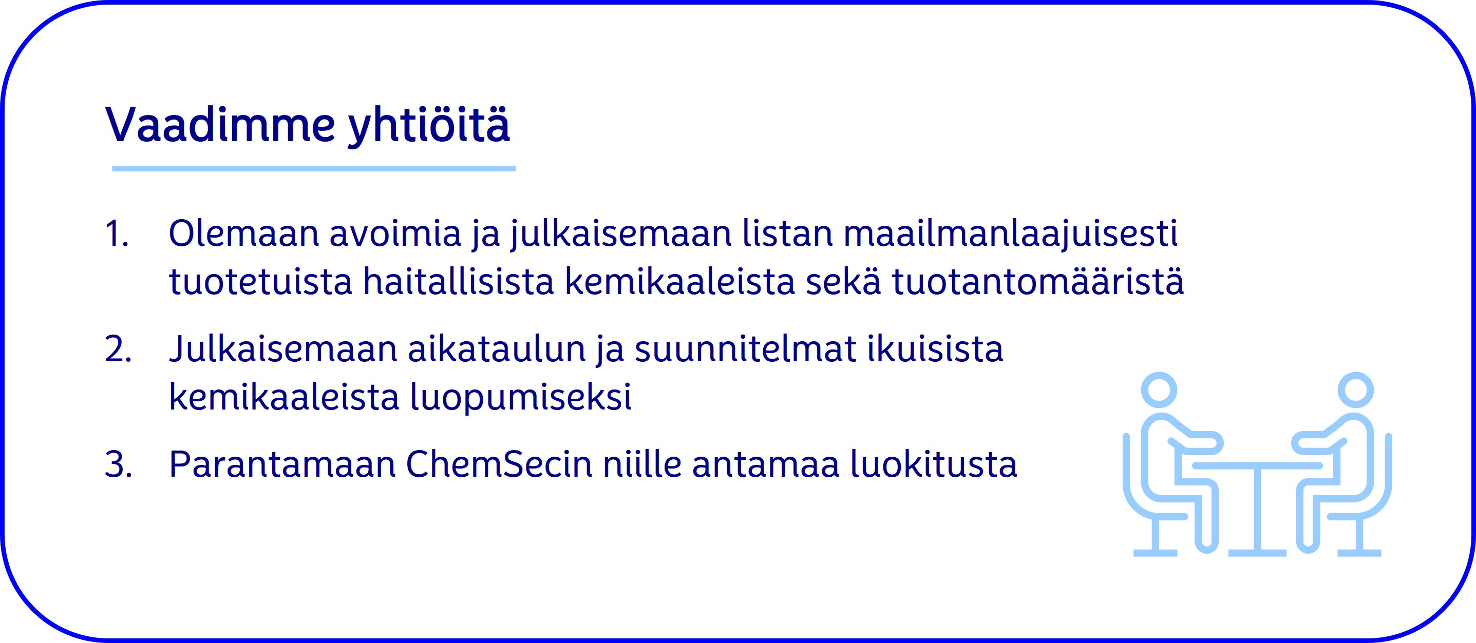 Vaatimuksemme kemikaaliyhtiöille