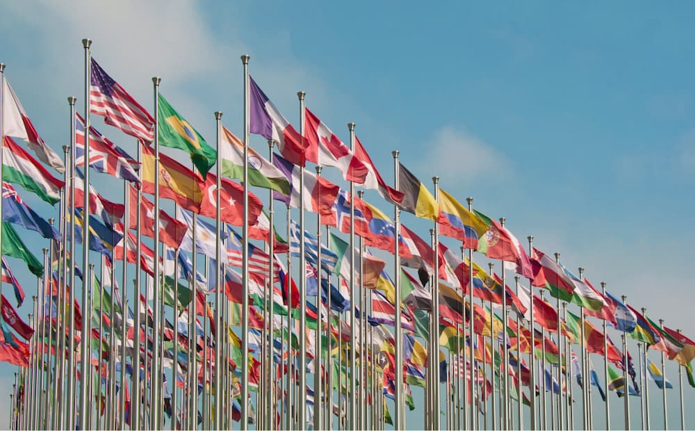 A bunch of flags are lined up in a row.