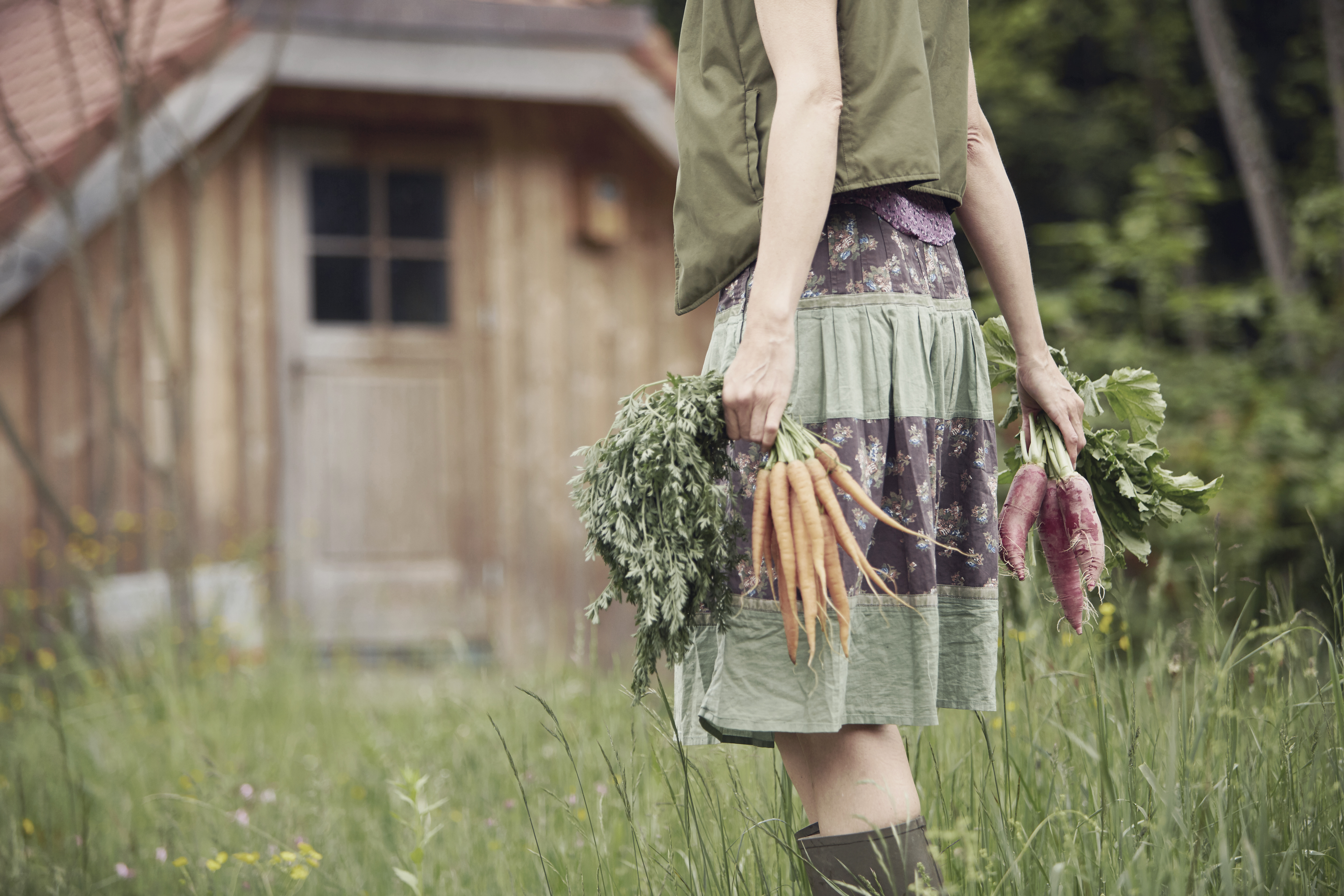 Woman carrying vegetables in garden