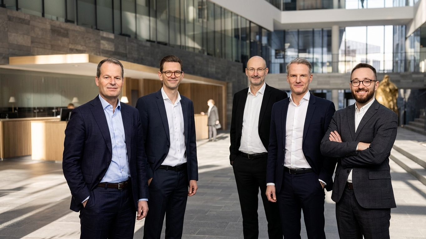 Alt text (English):  Photo of five European fund managers standing together in a modern office atrium, dressed in business attire and looking at the camera, representing Nordea’s European funds team.