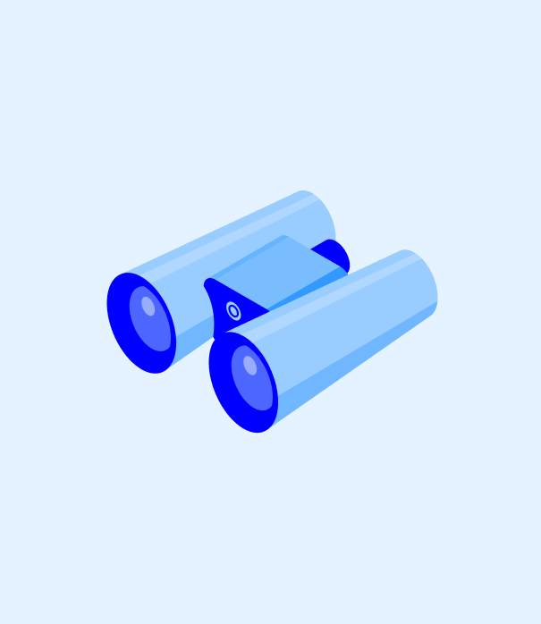 Illustration of blue binoculars on a light blue background.
