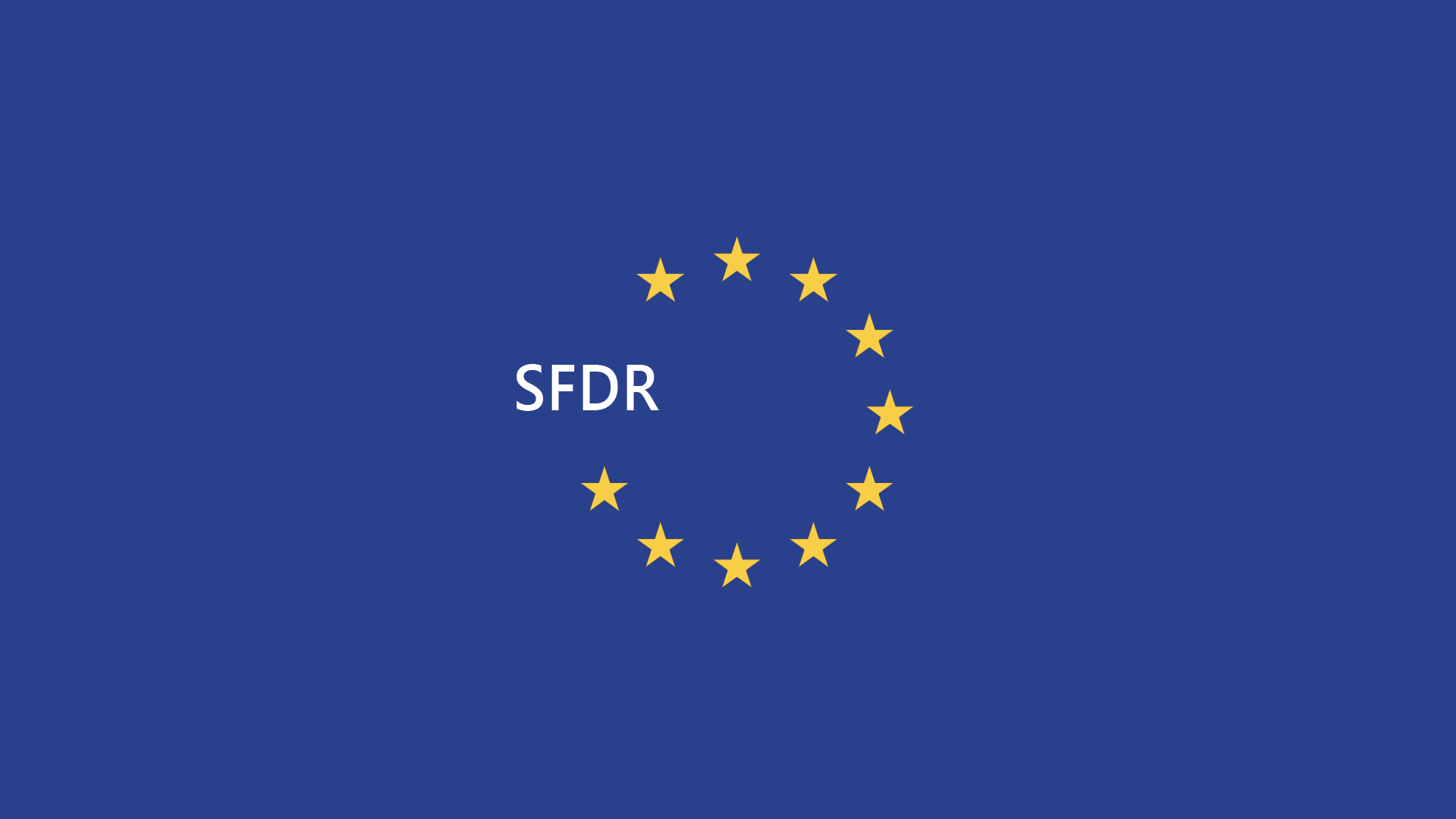 Grafik med EU-flaget: gule stjerner i en cirkel på blå baggrund. To stjerner i venstre side af cirklen er erstattet af den hvide tekst "SFDR" (Sustainable Finance Disclosure Regulation, EU's forordning om bæredygtighedsrelaterede oplysninger).