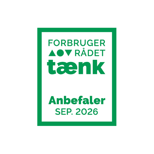 Grønt firkantet badge med teksten Forbrugerrådet Tænk. Nedenunder står: Anbefaler, sep. 2026.