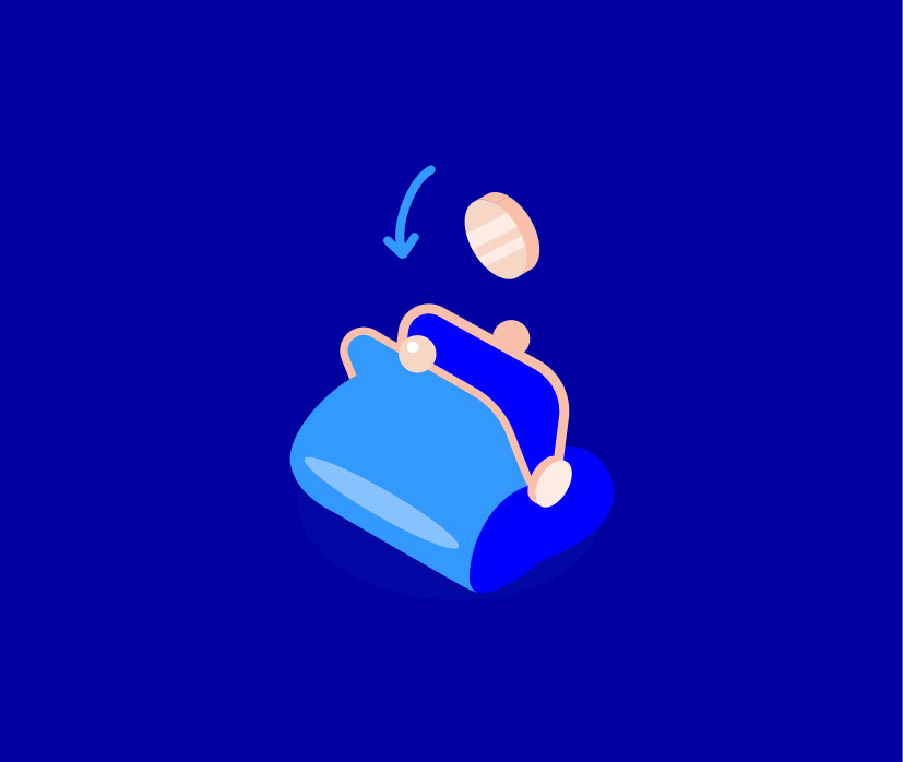 Alt text: Illustration of a coin dropping into an open purse, representing saving or depositing money.