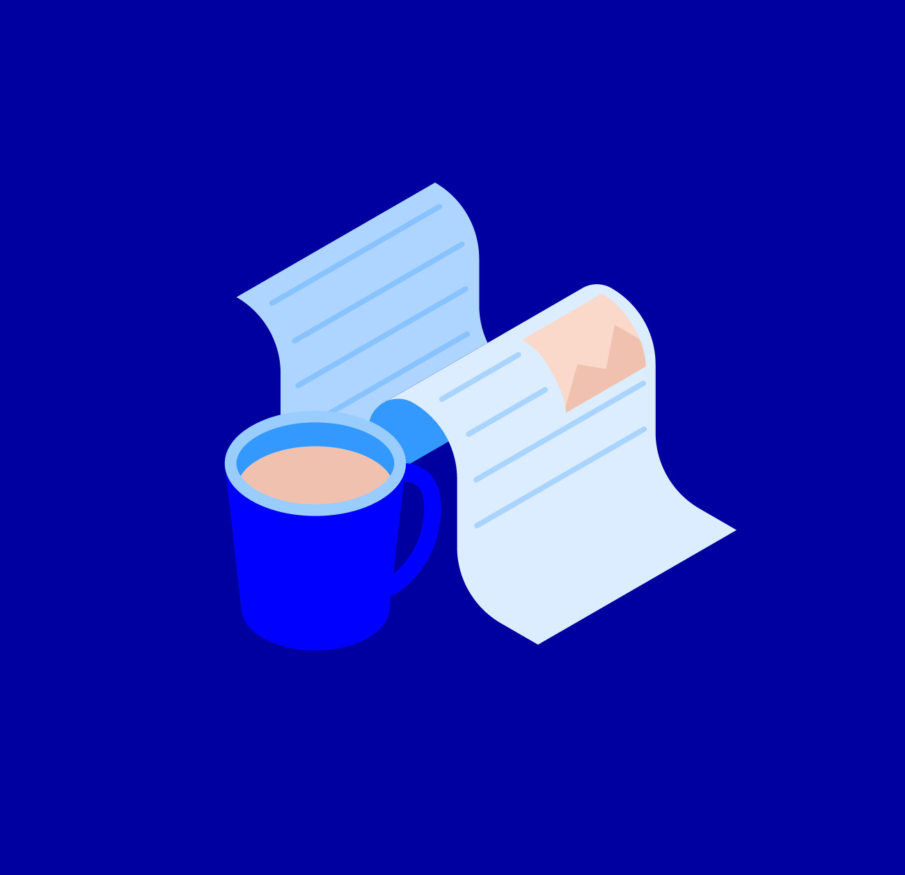 Illustration of a blue coffee mug next to a newspaper or document, on a dark blue background.