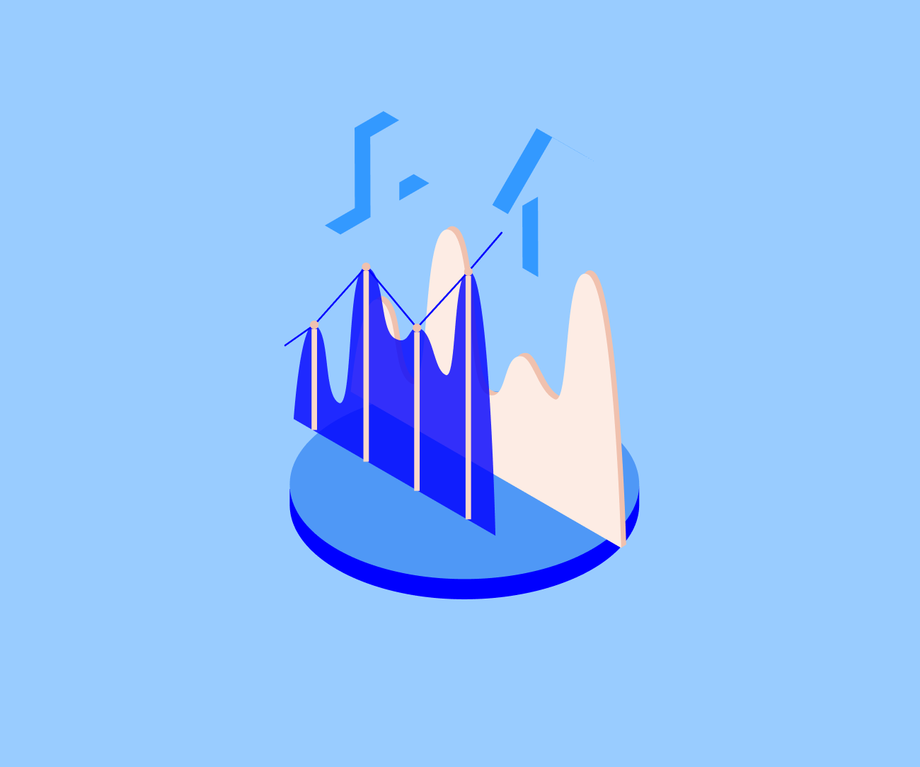 Isometric illustration of a financial area chart with blue and peach data peaks, representing market trends or investment performance.