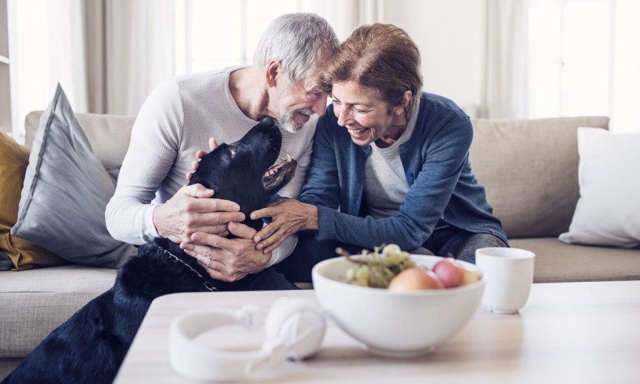 happy-senior-couple-sitting-on-a-sofa-with-their-dog