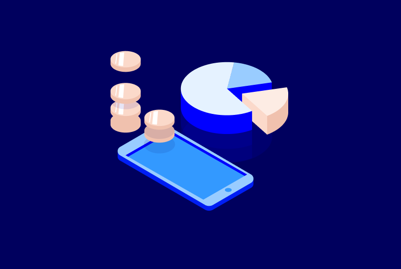 Illustration of a smartphone, stacked coins, and a pie chart on a dark blue background, representing mobile finance and investment.
