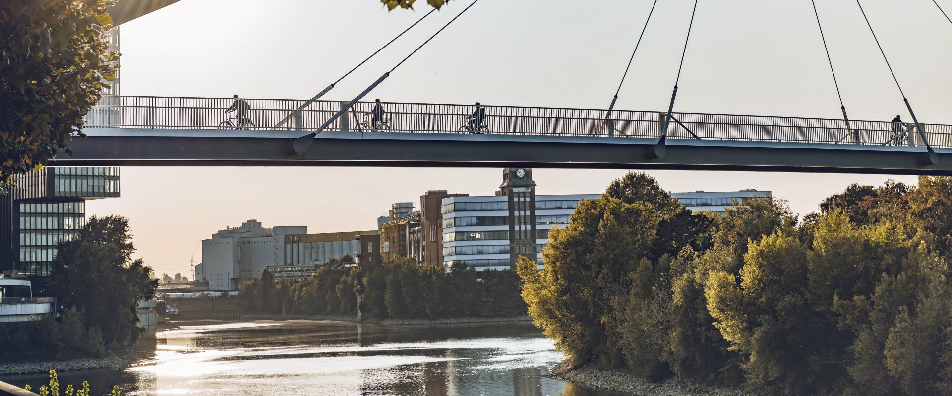 Silhouettes of cyclists and pedestrians on bridge