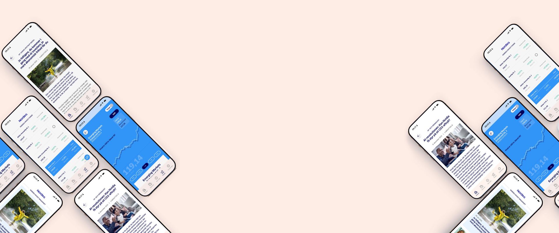 Decorative illustration with a light beige background. Several smartphones displaying screens from the Nordea app are placed diagonally in the corners of the image. The screens show investment overviews, charts, market developments, and articles from the Nordea app, while the center of the image is empty, creating visual space. 